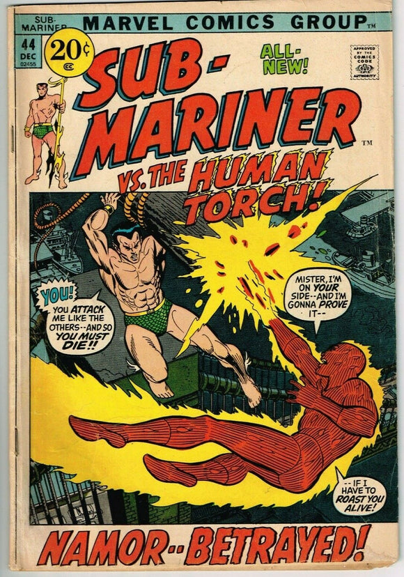 Sub-Mariner #44 (1968) - 4.0 VG *Namor Vs Human Torch*